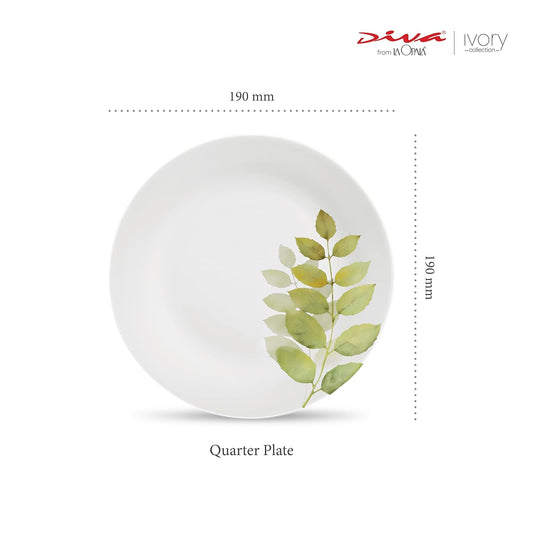 La Opala Diva Ivory Collection Opal Glass Crockery | Quarter Plate Set of 6 | Autumn Shadow Design | Side Plate for snacking & gifting | Microwave Safe | 100% Vegetarian | Extra Strong | Light & White