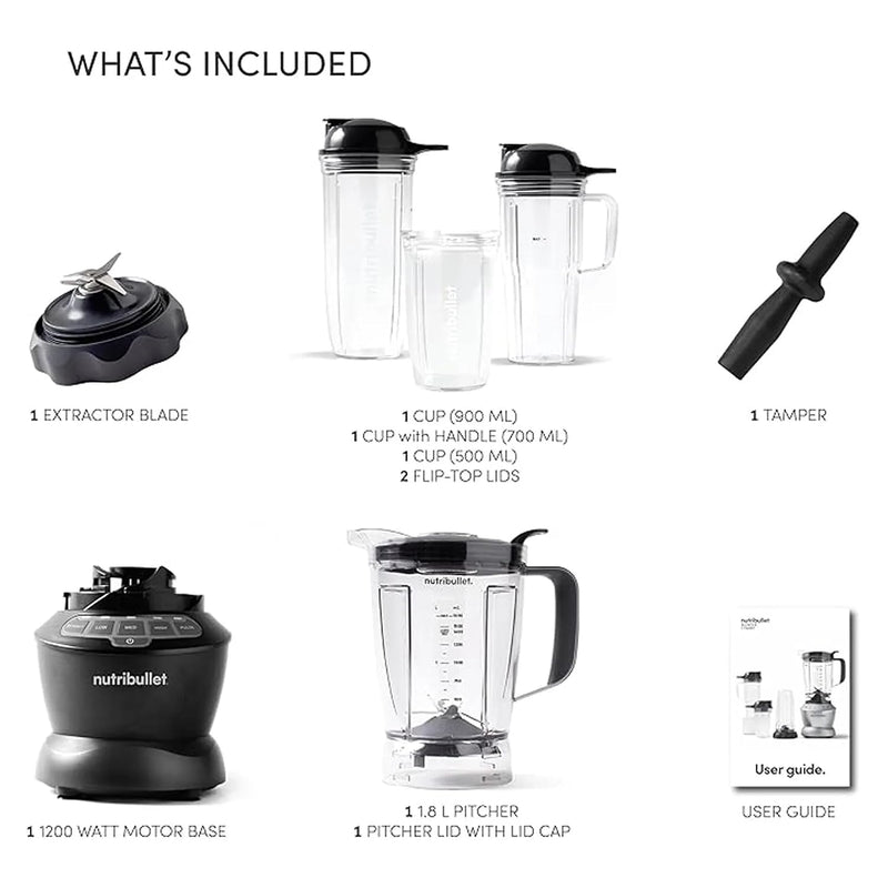 Nutribullet 1200W Combo Blender, USA #1 Mixer, Grinder, Smoothie Maker, Food Processor, "The Original Nutribullet", 3 Unbreakable Jars, 1.8L Extra Large Pitcher & Tamper, 2yrs warranty (Dark Grey)