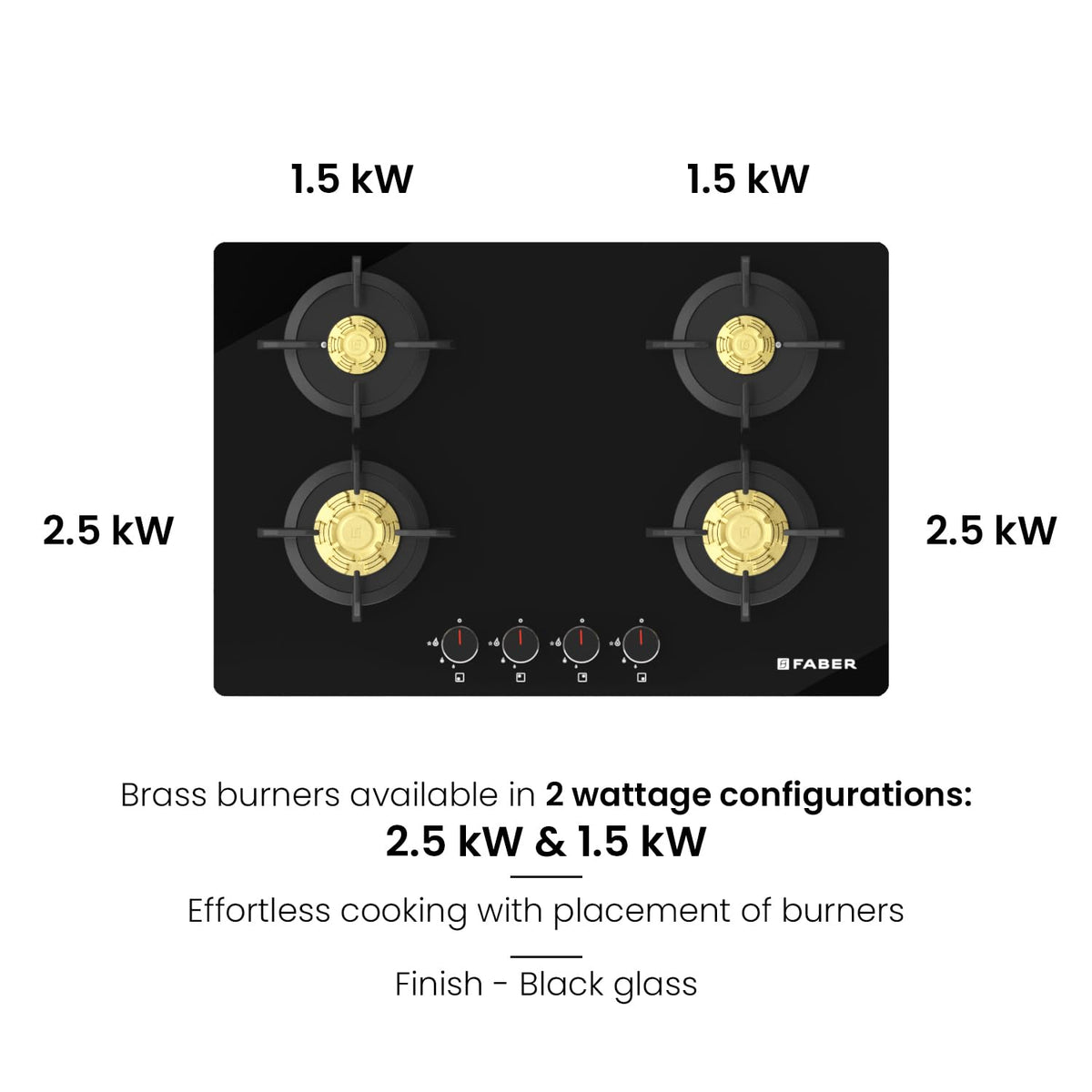Faber 4 Burner 78Cm HOB |Auto Ignition| HOB PRIME HT784 CRS BR CI AI |Metal Knobs| Cast Iron Pan Support|HOB/Cooktop Hyb