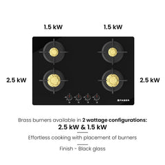Faber 4 Burner 78Cm HOB |Auto Ignition| HOB PRIME HT784 CRS BR CI AI |Metal Knobs| Cast Iron Pan Support|HOB/Cooktop Hyb