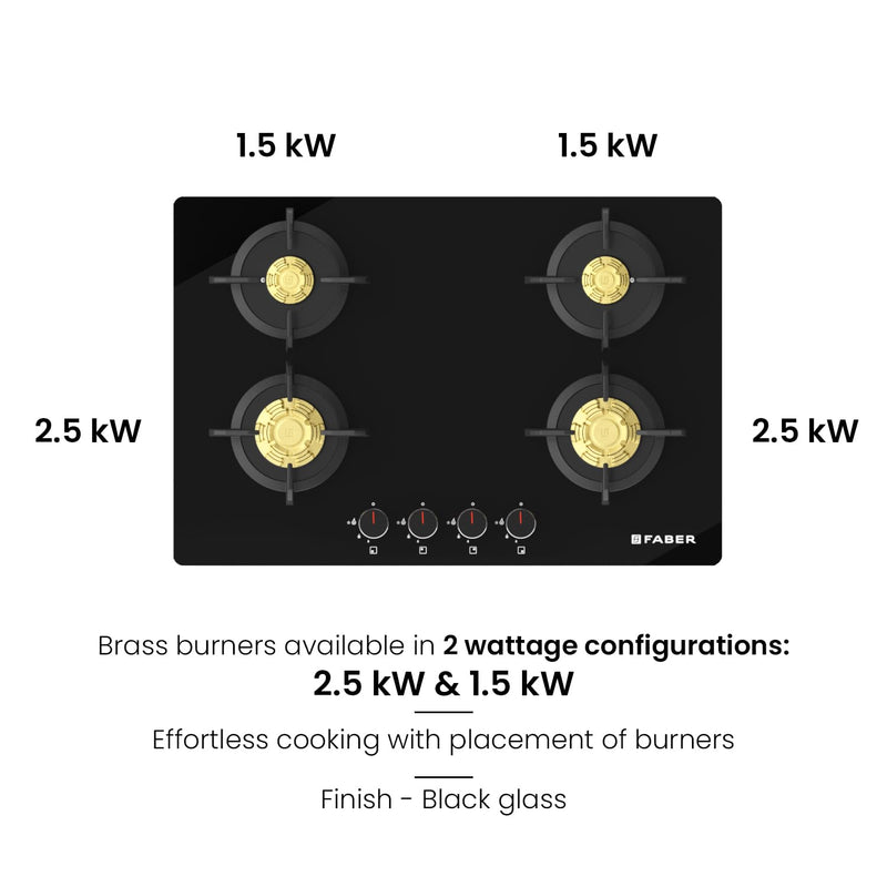 Faber 4 Burner 78Cm HOB |Auto Ignition| HOB PRIME HT784 CRS BR CI AI |Metal Knobs| Cast Iron Pan Support|HOB/Cooktop Hyb