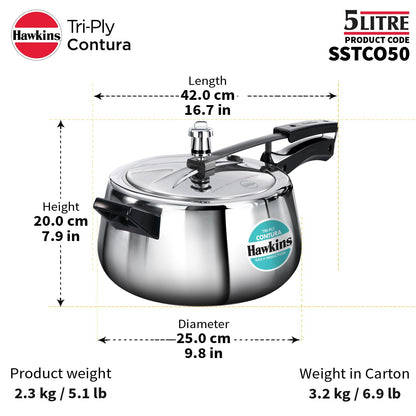 Hawkins 5 Litre Triply Contura Pressure Cooker, Triply Stainless Steel Induction & Contura shaped Cooker, Silver (SSTCO50)