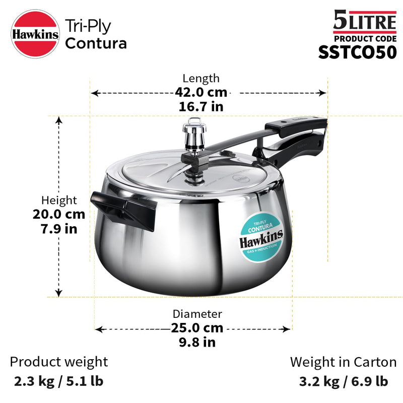 Hawkins 5 Litre Triply Contura Pressure Cooker, Triply Stainless Steel Induction & Contura shaped Cooker, Silver (SSTCO50)