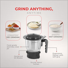 Sujata Dynamix Mixer Grinder|900 Watts Double Ball Bearing Motor|22000 RPM|Non-Stop 90 Mins Running|3 Food Grade Steel Jars - 1500ml Multipurpose, 1000ml Grinder, 500ml Chutney Jar|Black