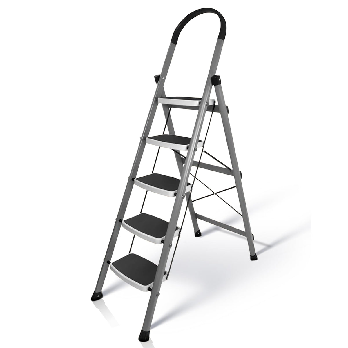 HOUZA Steel Ladder for Home 7 Steps Foldable with Anti-Skid Wide Steps (30cm x 20cm) | 7 Step Ladder for Home Use with D-Shape Rods | Secure Lock | 150 Kg Capacity Folding Ladder | 5 Year Warranty