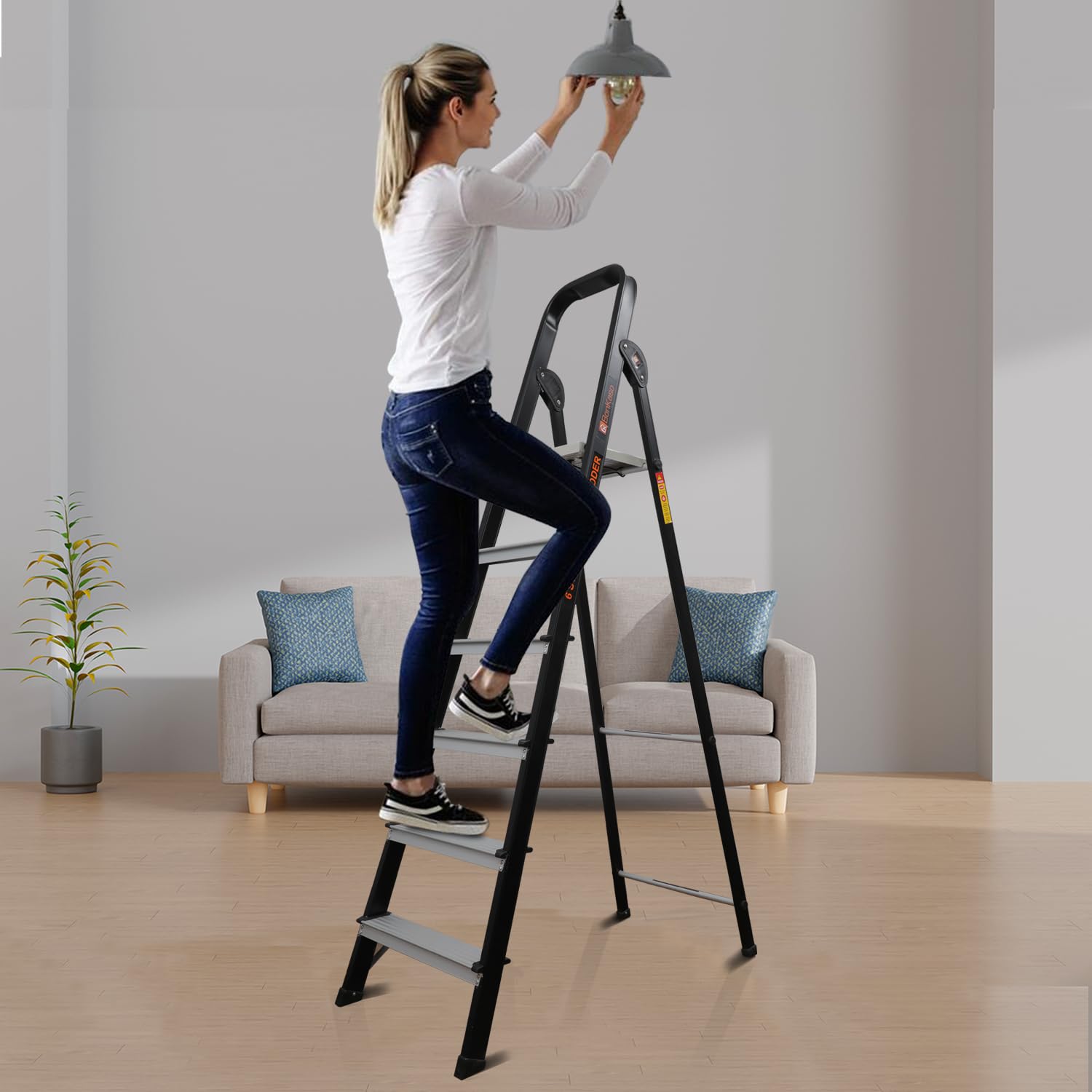 Bonkaso Climb Lite Pro 6 Steps Foldable Aluminium Ladder, Load Capacity Upto 120kg, Multipurpose Ladder for Home & Office, Anti-Skid, Heavy Duty Platform, 5 Years Warranty (191h x 52w Cms) Black