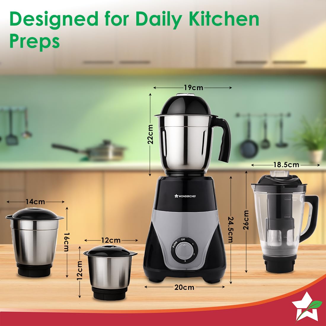 Wonderchef Vista Mixer Grinder | 4 Multi-purpose Jars | 750W | Sharp Stainless-steel Blades | For Masalas, Chutneys, Fresh Fruit Juices | 3-Speed Control | Advanced Safety Features | 2-Year Warranty