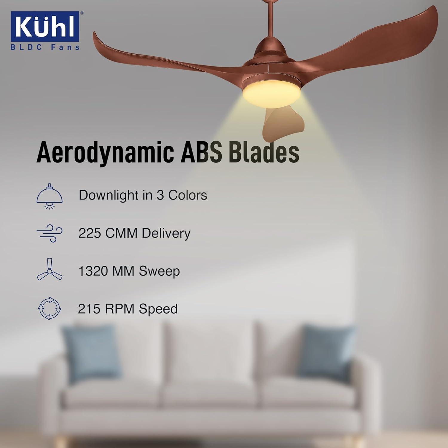 KUHL Glanz F3 1320MM 65% Power Saving BLDC Ceiling Fan | BEE 5 Star Rated & ISI Marked | High Air Flow | 5Year Warranty on Motor By Brand |Free Installation | IoT Operate via Mobile & Alexa | Brown