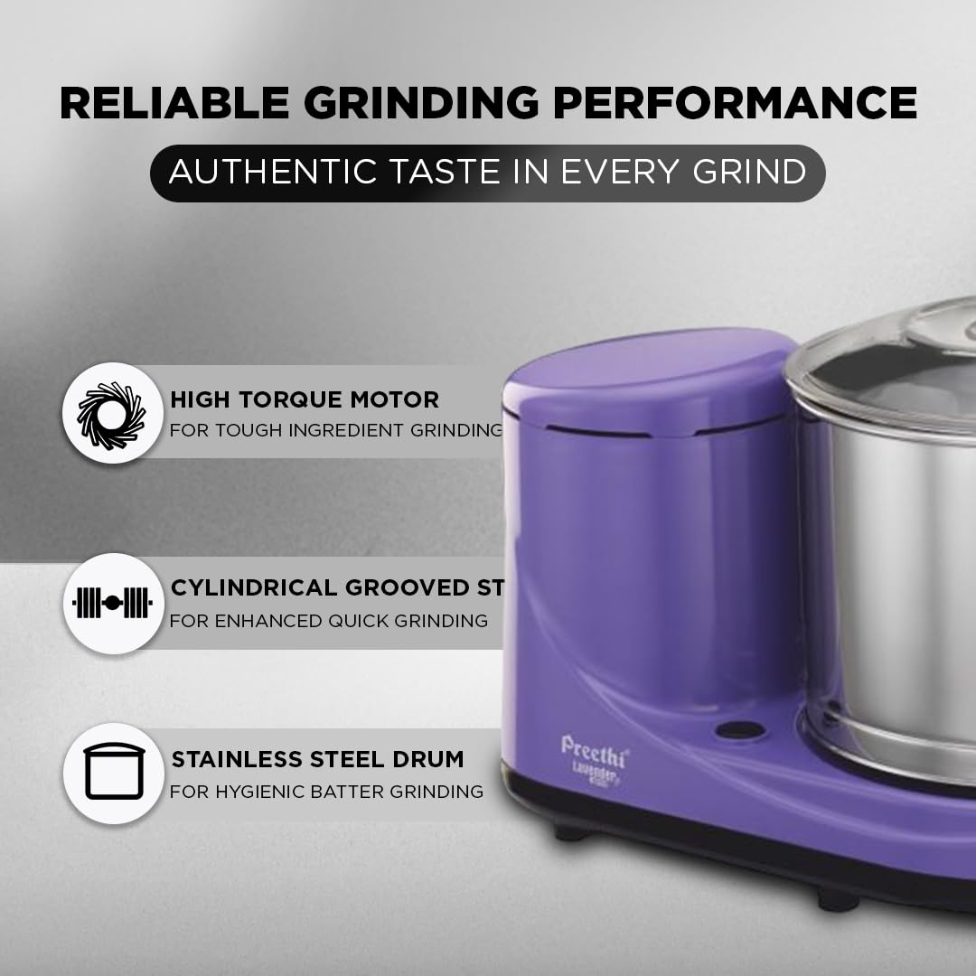 Preethi Wet Grinder|150W 2L Stainless Steel Table Top Wet Grinder|Ideal for Making South Indian Batter in Your Kitchen (Lavender)