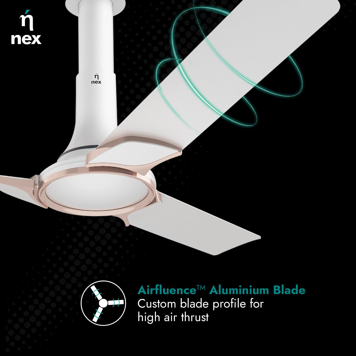 NNEX by BAJAJ Glyde A50 1200 MM | BEE 4 Star Rated Premium Ceiling Fan | 20% Higher Air Thrust* | Airfluence™ Al Blades | Adjustable Downrod | 2-Yr Warranty 【Snow White】
