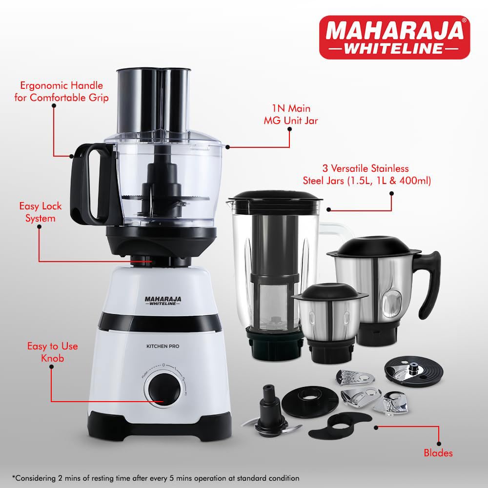 Maharaja Whiteline Kitchen Pro Mixer Grinder With 4 Jar, 800 Watts - Mx-266, 5 Year Warranty On Motor (White & Black)