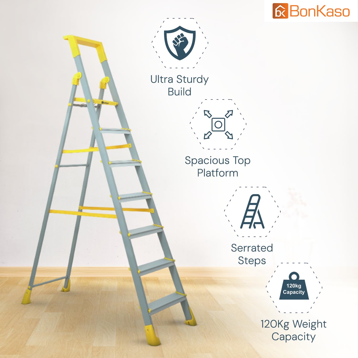 Bonkaso Climb Lite Pro+ 7 Step - Aluminium Foldable Ladder with Tool Tray (130W x 209H Cm) | Heavy-Duty, Anti-Slip & Firm Grip for Home, Indoor & Outdoor Use | Durable & Portable (Yellow & Satin)