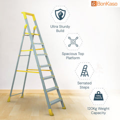 Bonkaso Climb Lite Pro+ 7 Step - Aluminium Foldable Ladder with Tool Tray (130W x 209H Cm) | Heavy-Duty, Anti-Slip & Firm Grip for Home, Indoor & Outdoor Use | Durable & Portable (Yellow & Satin)