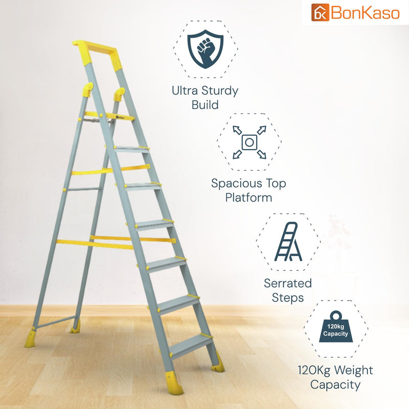 Bonkaso Climb Lite Pro+ 7 Step - Aluminium Foldable Ladder with Tool Tray (130W x 209H Cm) | Heavy-Duty, Anti-Slip & Firm Grip for Home, Indoor & Outdoor Use | Durable & Portable (Yellow & Satin)