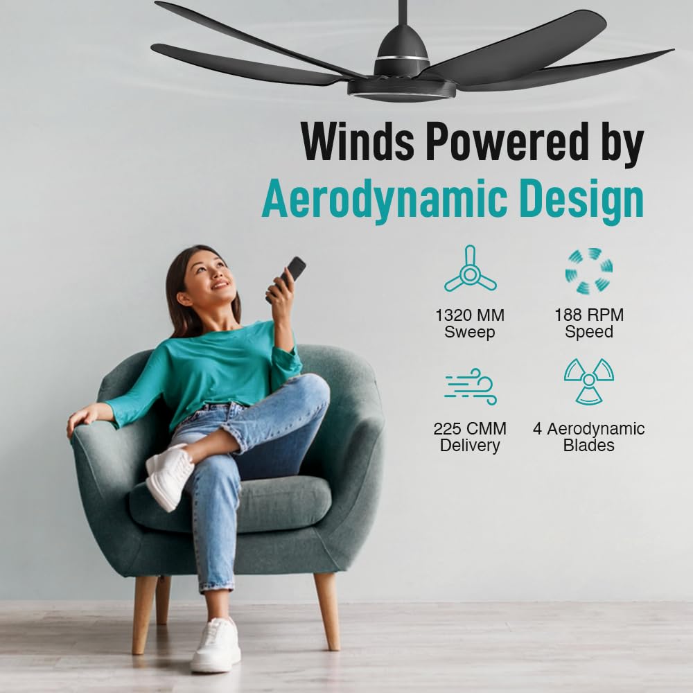 KUHL Brise E5 1320mm Stylish Power Saving BLDC Ceiling Fan with Remote |30 W | 5 Star | Low Noise | IoT- operates via Mobile & Alexa | Reverse Mode |5 Yrs Warranty on Motor | Free Installation | Black