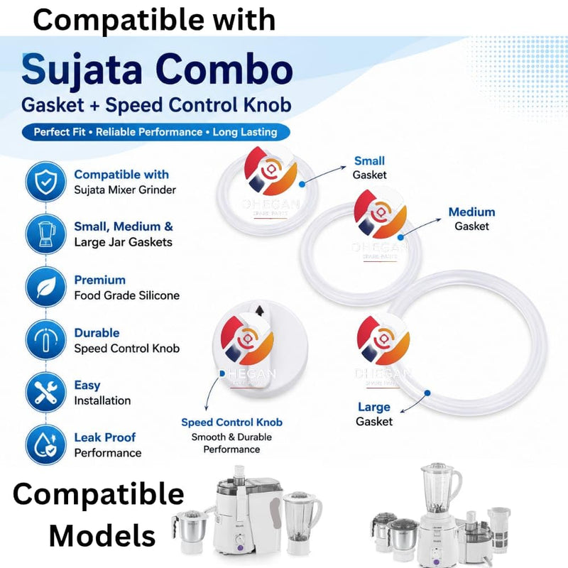 Jar Lid Gasket Set (3) + Speed Control Knob Combo | Compatible with Sujata Mixer Grinder