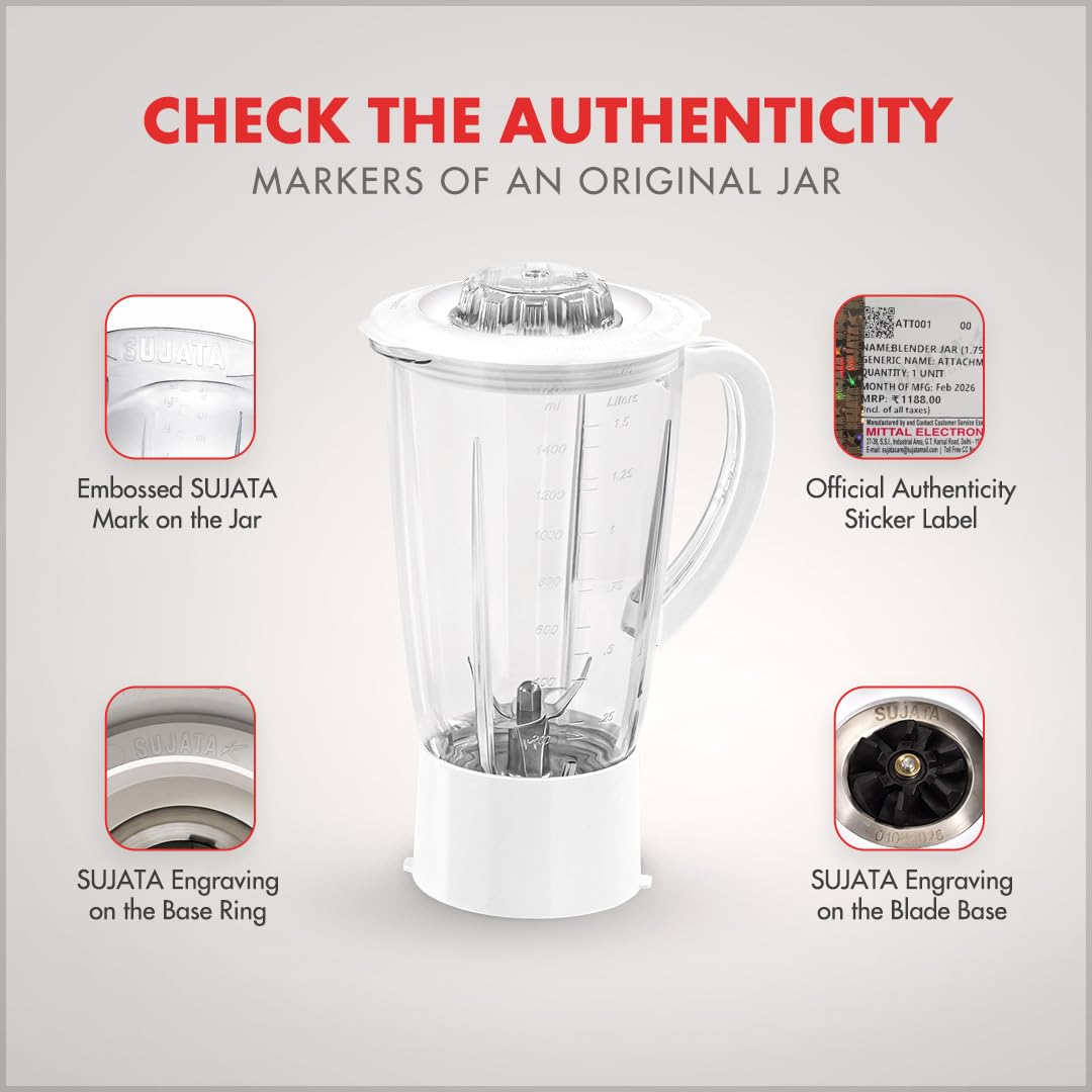 Sujata Blender Plastic Jar, 1750 ml - White