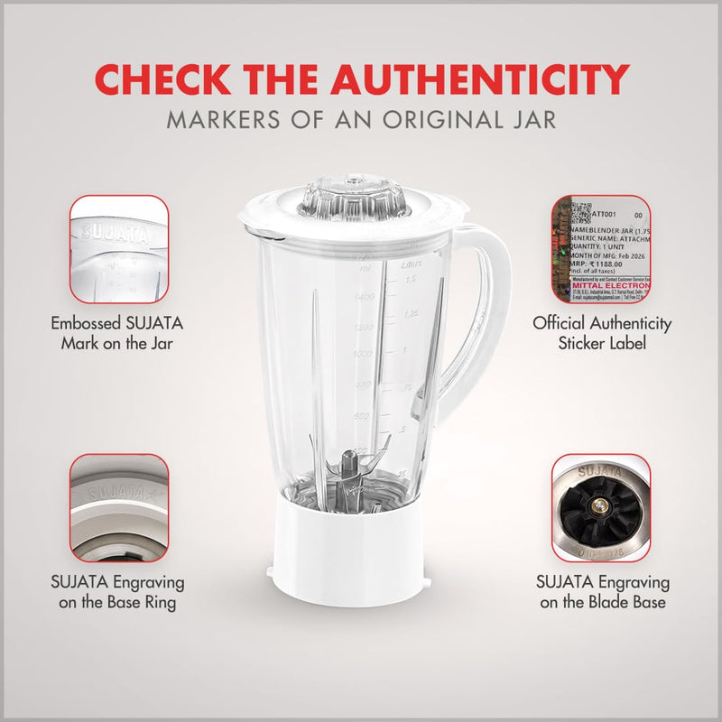 Sujata Blender Plastic Jar, 1750 ml - White
