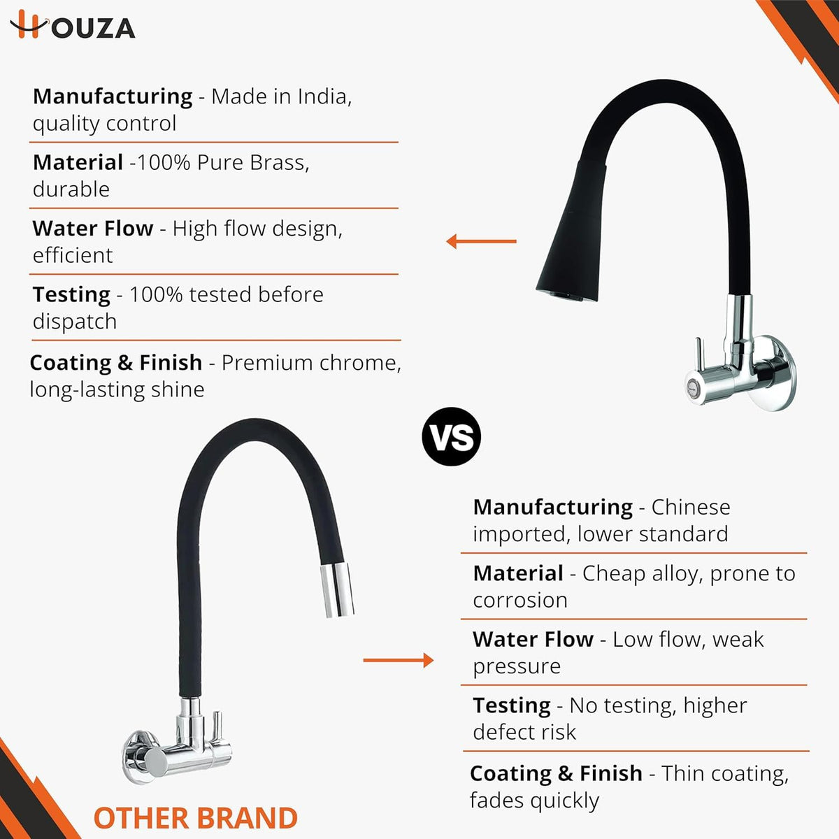 HOUZA Brass Kitchen Sink Tap Faucet with Pull Down Sprayer | Kitchen Tap with 360 Degree Flexible Silicon Swivel Spout | Water Saving Aerated Dual Flow Kitchen Faucet for Sink (Chrome Finish, Black)