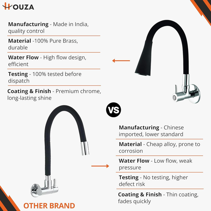 HOUZA Brass Kitchen Sink Tap Faucet with Pull Down Sprayer | Kitchen Tap with 360 Degree Flexible Silicon Swivel Spout | Water Saving Aerated Dual Flow Kitchen Faucet for Sink (Chrome Finish, Black)