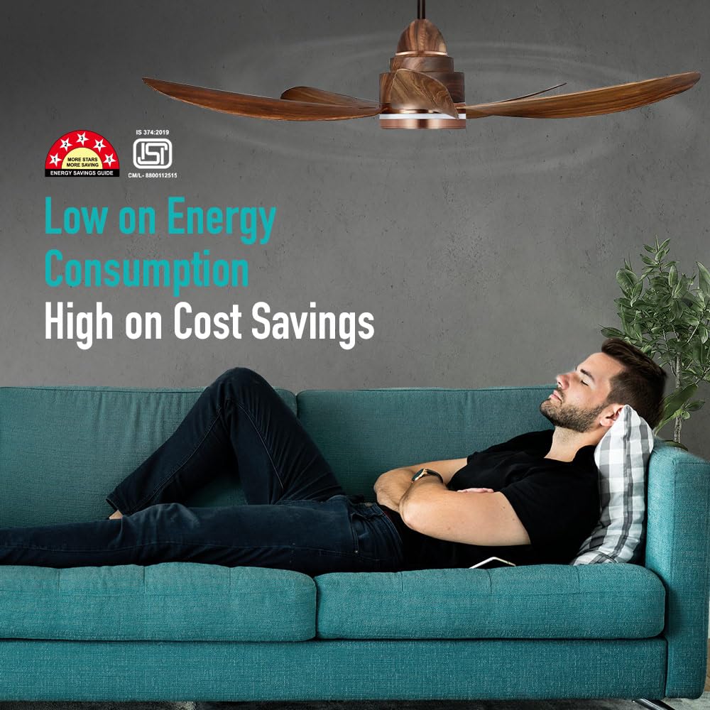 KUHL Luxus C5 1200mm Stylish 65% Power Saving BLDC Ceiling Fan with Remote | Night & Down Light | 29W | BEE 5 Star | Low Noise | IoT –Operate via Mobile & Alexa|Reverse Mode|Free Installation |Teak