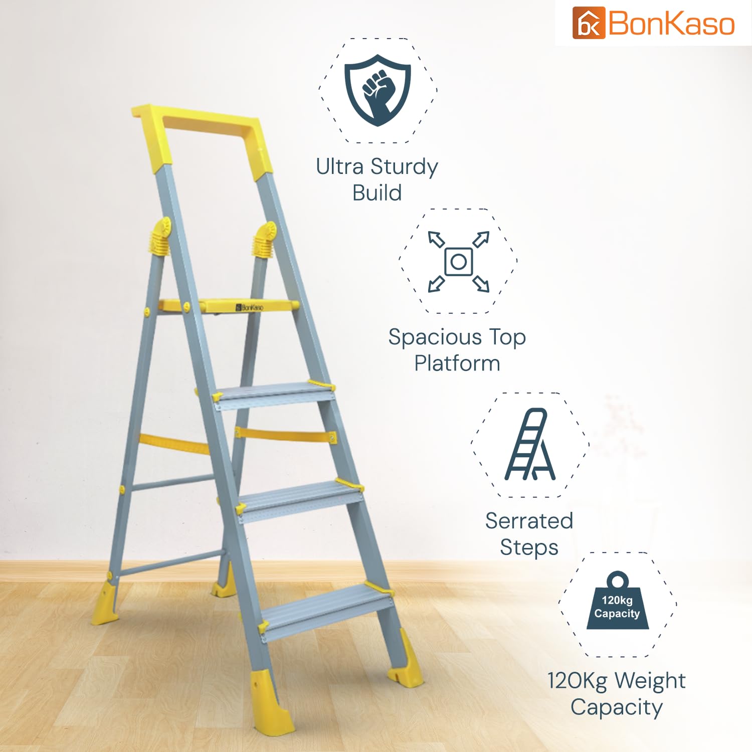 BonKaso Climb Lite Pro+ 4 Step Foldable Ladder with Tool Tray (89.8W x 137H Cm)| Heavy-Duty, Anti-Slip & Firm Grip, Load Capacity Upto 120kg | Durable & Portable (Aluminium Step, Yellow & Satin)
