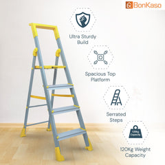 BonKaso Climb Lite Pro+ 4 Step Foldable Ladder with Tool Tray (89.8W x 137H Cm)| Heavy-Duty, Anti-Slip & Firm Grip, Load Capacity Upto 120kg | Durable & Portable (Aluminium Step, Yellow & Satin)