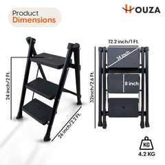 HOUZA Steel Ladder for Home 3 Steps Foldable with Anti-Skid Wide Steps (30cm x 20cm) | 3 Step Ladder for Home Use with D-Shape Rods | Secure Lock | 150 Kg Capacity Folding Ladder | 5 Year Warranty