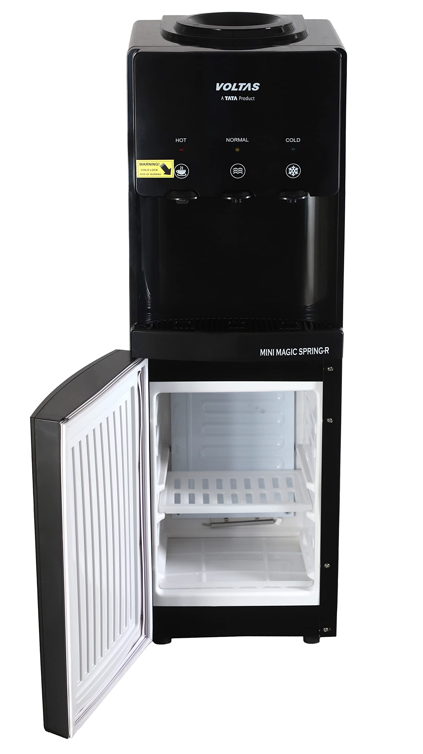 Voltas Spring-R Water Dispenser with Three Temperature Tap and Small Refrigerator (Black Color)
