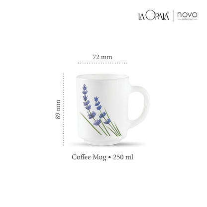 La Opala, Novo Collection Opal Glass Crockery | Coffee Mug Grace Medium, Set of 6 | English Lavender, 250 ml | for Tea & Coffee | Microwave Safe | 100% Vegetarian | Extra Strong | Super Light & White