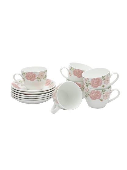Clay Craft Fine Ceramic Cup&Saucer Set of 12 (6 Tea Cups+6 Saucers) White Pink Floral Can Be Used for Birthdays,Anniversaries,Parties,Mother,Father,Sister,Medium (Cc-Cs12-Cream-S341),180 Milliliter