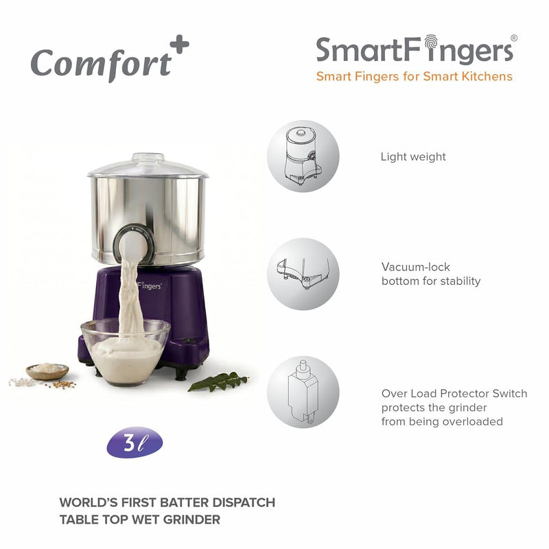 SmartFingers Comfort + Table Top Wet Grinder 230V, 3 Liter, Violet with Coconut Scrapper & Atta Kneader Attachment | Hands-Free Batter Dispenser | Top Wiper, 220W Motor | 5 Years Warranty | AISI 304
