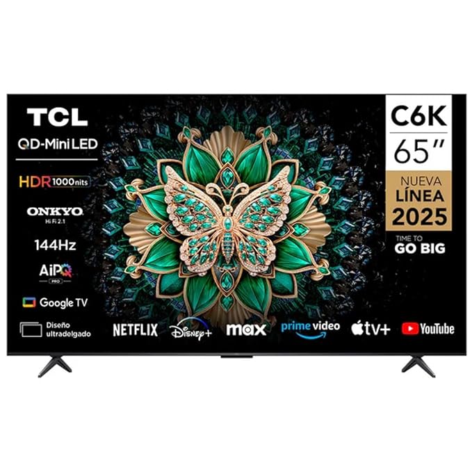 TCL 65 Inch QLED-MiniLED TV Smart Google TV, 4K Resolution, Dolby Vision Atmos, 144Hz, ONKYO 2.1 Hi-Fi System, Dolby Vision HDR, Ultra Slim Design – 65C6K (2025 Model)