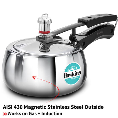 Hawkins 1.5 Litre Triply Contura Induction Pressure Cooker, Triply Stainless Steel, Contura shaped, Silver (SSTCO15)