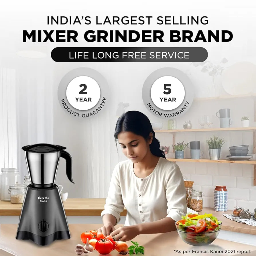 Preethi Tiara Mixer Grinder for Kitchen | 500 Watt Mixie | 3 Stainless Steel Jars  | Grey & Black