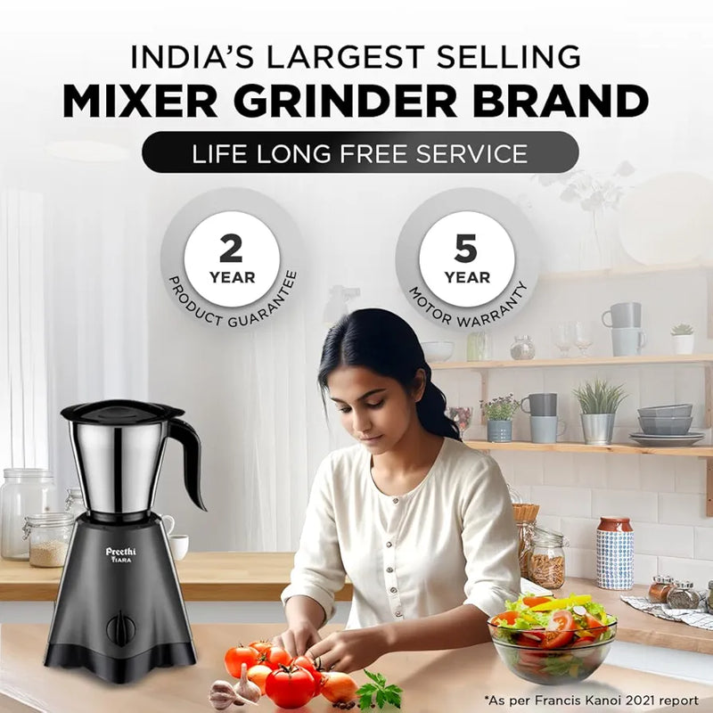 Preethi Tiara Mixer Grinder for Kitchen | 500 Watt Mixie | 3 Stainless Steel Jars  | Grey & Black
