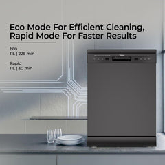Midea 13 Place Setting Freestanding Dishwasher, 7 Wash Programs, Intensive 70°C, Glass Care Mode (MDWPF1301F(B) IN, ECO & Rapid Wash, Fully Automatic, Suitable for Indian Kitchen)