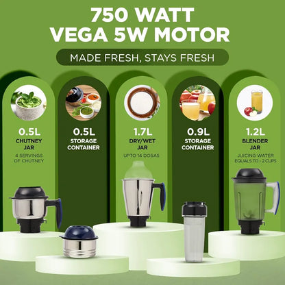 Preethi Eco Fresh Mixer grinder | 750 Watt Mixie | Made fresh, stays fresh | Food Sense Technology| Grinding+ Storage jar | MG-282 