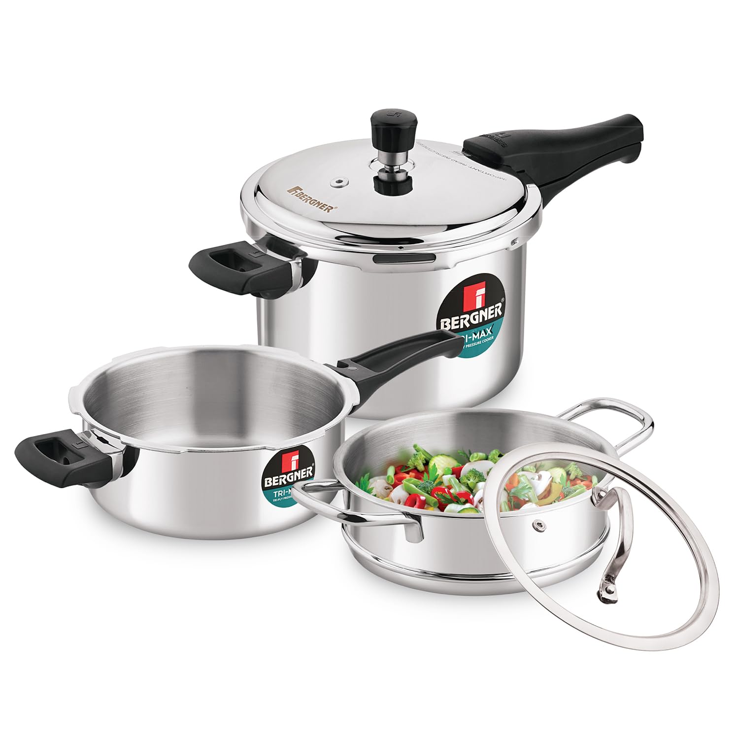 Bergner Tri-Max Junior TriPly 1 Litre Pressure Cooker, Triply Heavy Bottom Outer Lid Mini Pressure Cooker, 1 Pc Free Safety Valve, Measuring Scale Inside - Induction Bottom and Gas Stove Ready