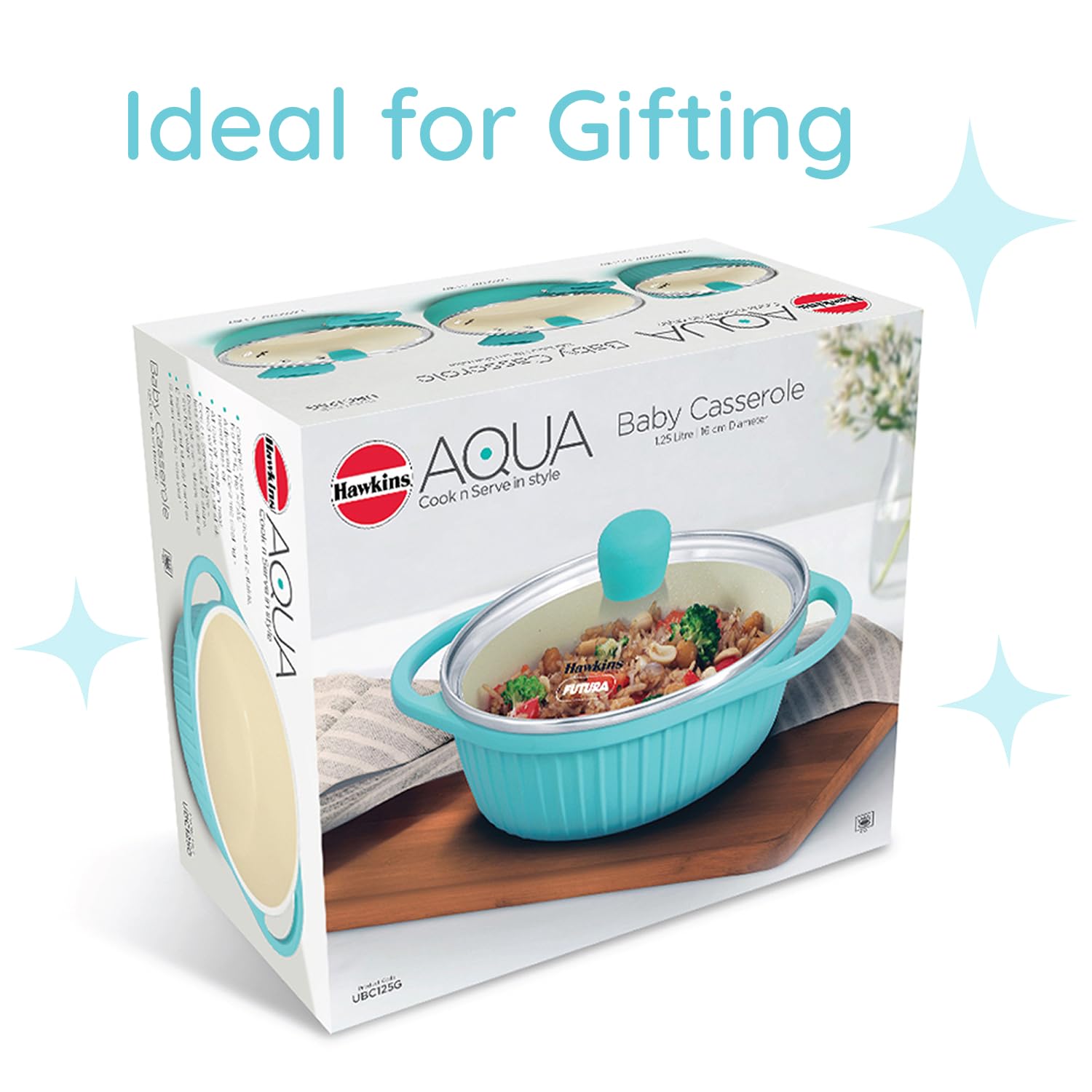 Hawkins 1.25 Litre Casserole, Aqua Baby Casserole with Glass Lid, Aqua Blue (UBC125G)