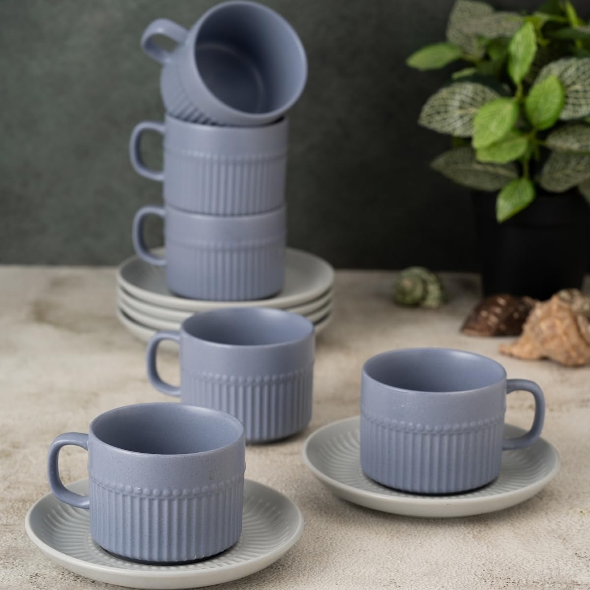 Clay Craft Fine Ceramic Crimson Blue Cups & Saucer, Set of 12, Cups for Tea & Coffee, Gift Set, Elegant Design for Home and Kitchen and Can Be Gifted to Your Loved Ones On Any Occassions