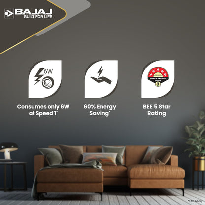 Bajaj Energos 12DC5R 1200 mm Silent BLDC Ceiling Fan|5-StarRated Energy Efficient Ceiling Fans for Home|Remote Control|Upto 65% Energy Saving|High Speed|Silent Operation|2-Yr Warranty Ivory
