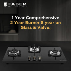 Faber Hob 90 cm 3 Burner|Auto-Ignition|Spillage Proof|Brass Burners|Metal Knobs|Pan Support|2yrs on Burner,5 Yrs Warrant