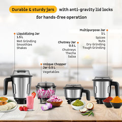 Atomberg Yulia 750 Watt Mixer Grinder | 4 Multipurpose Jars including Chopper Jar | Coarse Mode for Silbatta-like Textures | Powerful Intelligent Motor | Advanced Safety Features | Snow White