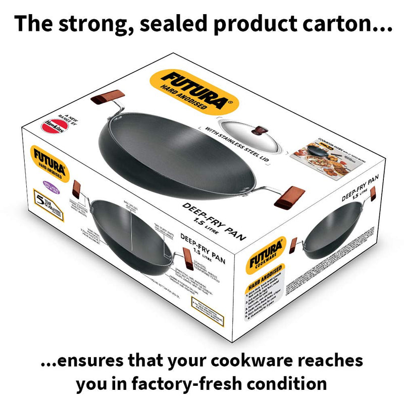 Hawkins Futura Hard Anodised Deep-Fry Pan 1.5 L, 22 cm, 3.25 mm (Kadhai) with SS lid