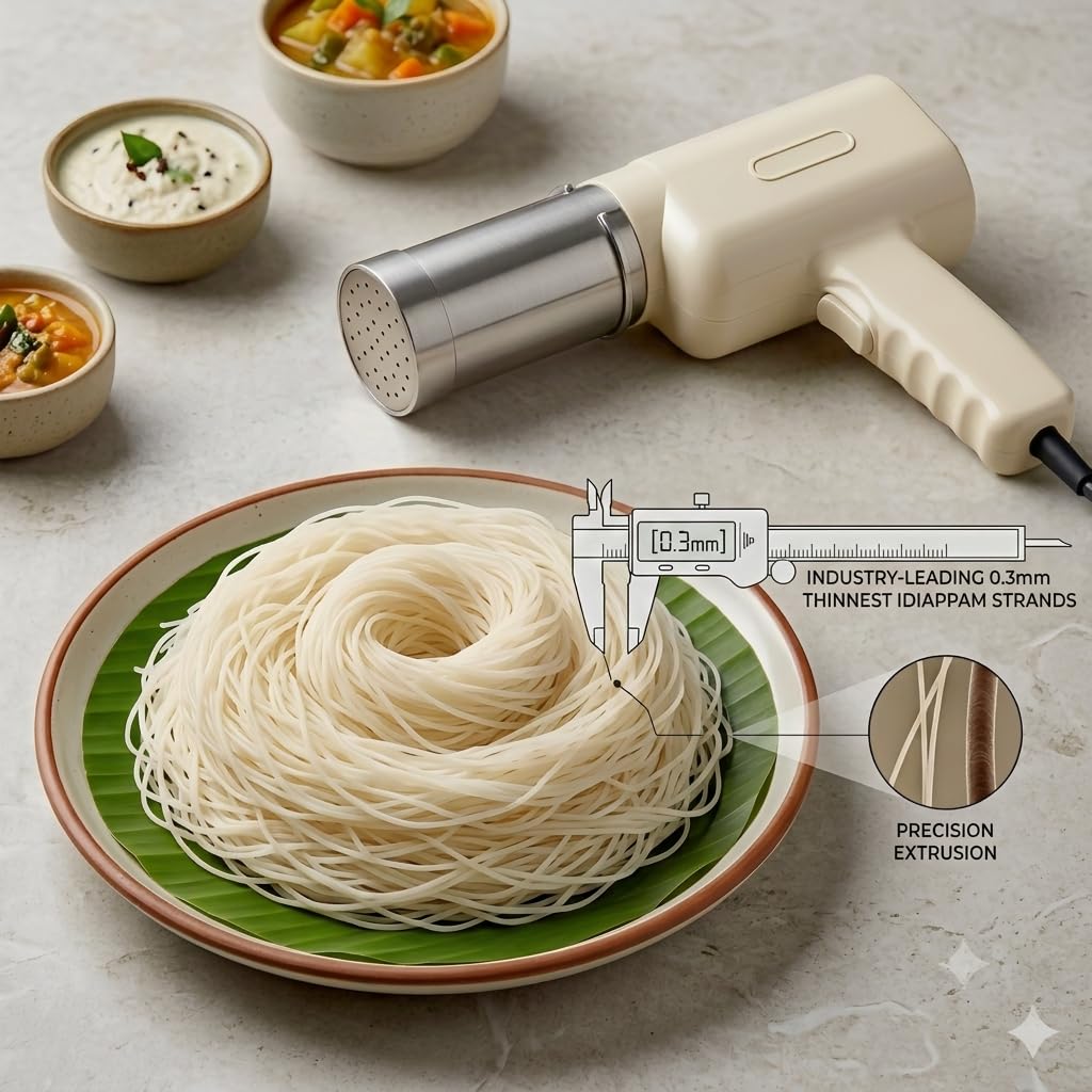 Electric 12 Molds Idiyappam Maker, Murukku Maker, Pasta Maker & Noodle Maker, 50Watts Power, 50 Times for Full Charge, Cordless (White)