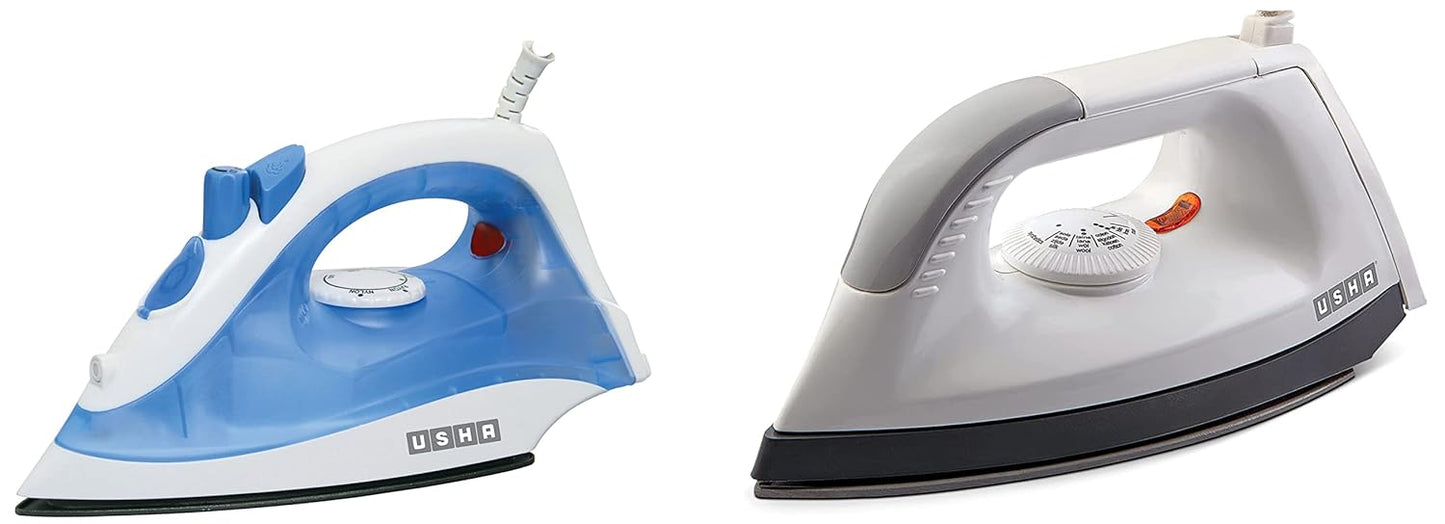 Usha EI 1602 1000-Watt Lightweight Dry Iron (Multi-Colour) + Usha Steam Pro SI 3713 1300-Watt Steam Iron (White/Blue)