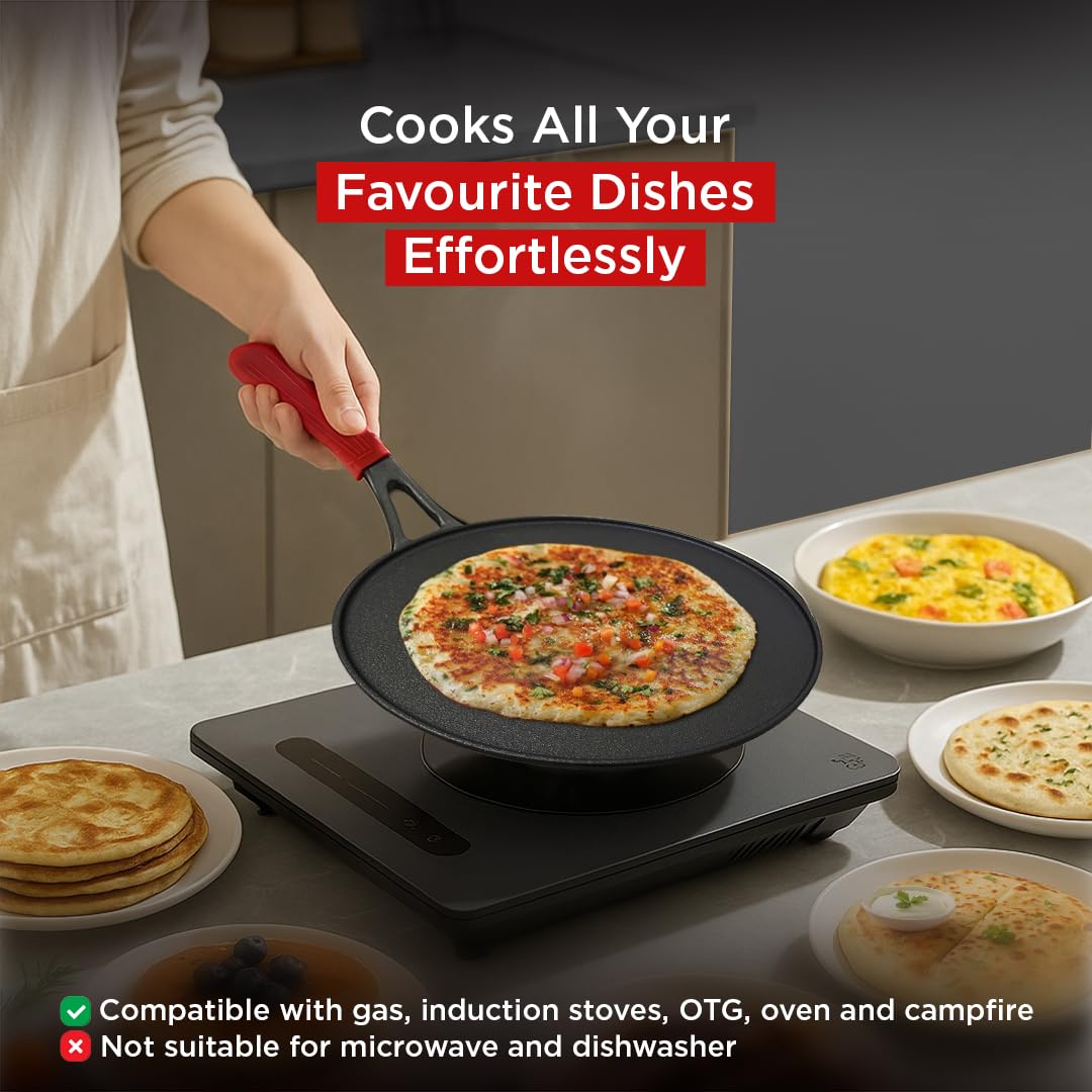 Pigeon by Stovekraft Pre-Seasoned Cast Iron Tawa 28 cm | Pre-Seasoned with 100% Vegetable Oil | Naturally Nonstick | Hig