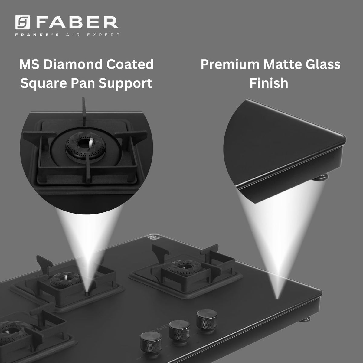 Faber Evoke 3 Burner 65Cm Cooktop |Auto Ignition| |Metal Knobs| MS Diamond coated Pan Support | Matt Black Glass Finish 