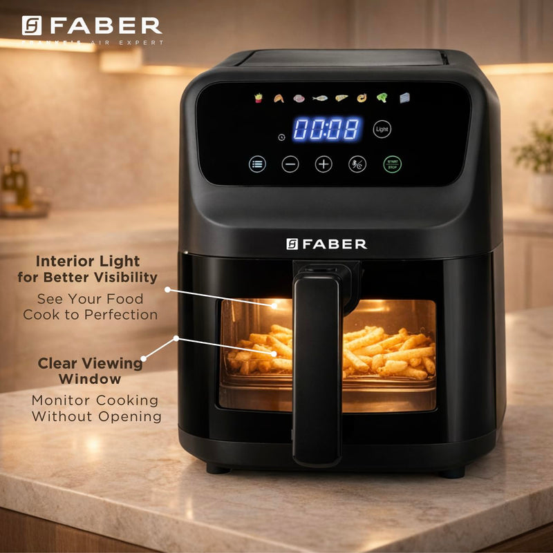 Faber 6L 1500W Digital Air Fryer | Fry, Bake, Roast | 85% Less Oil, 200°C Swirl Heating Technology |8-Preset Menu|View W